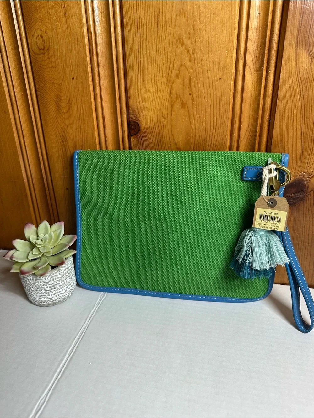 Fossil Green Canvas Wristlet Clutch with Blue Trim
